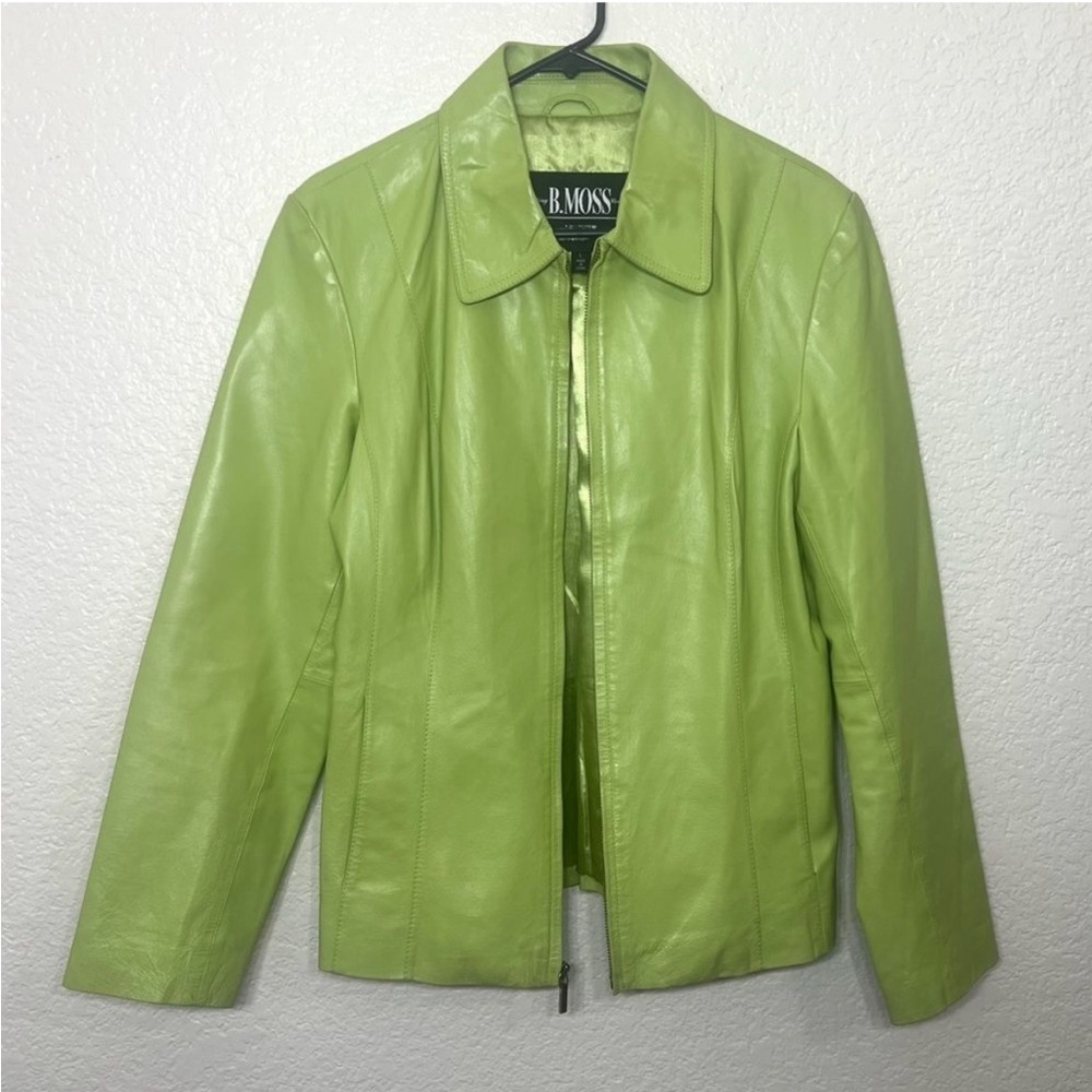 Vintage Y2K Lime Green Leather Jacket Coat Zip Up Size L